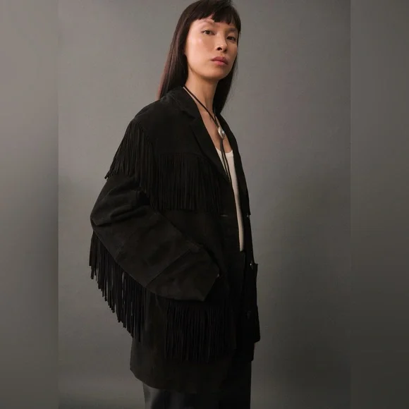 Mango Small Black Fringe Suede Jacket